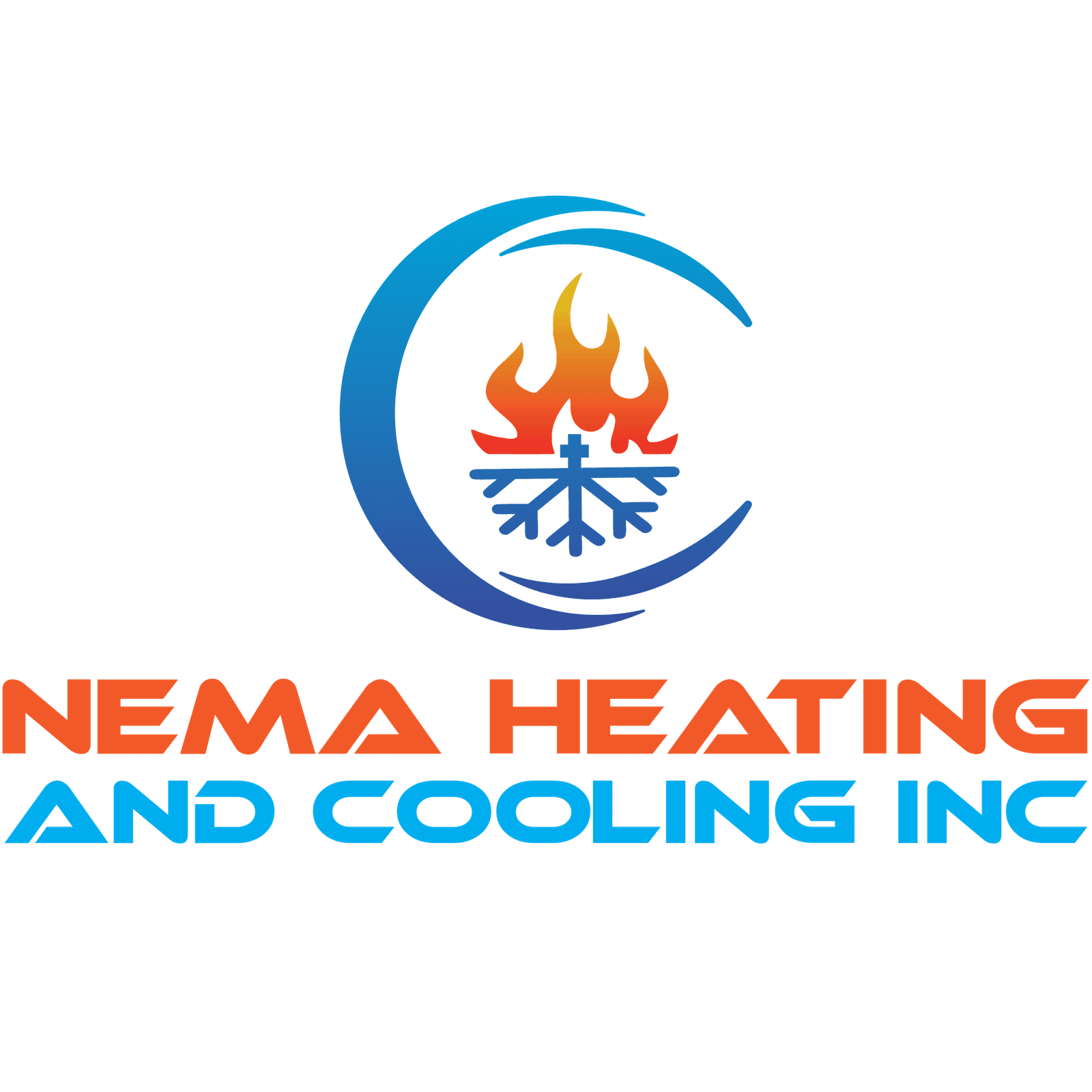 Nema Heating and Cooling Inc logo with flame and snowflake icon.