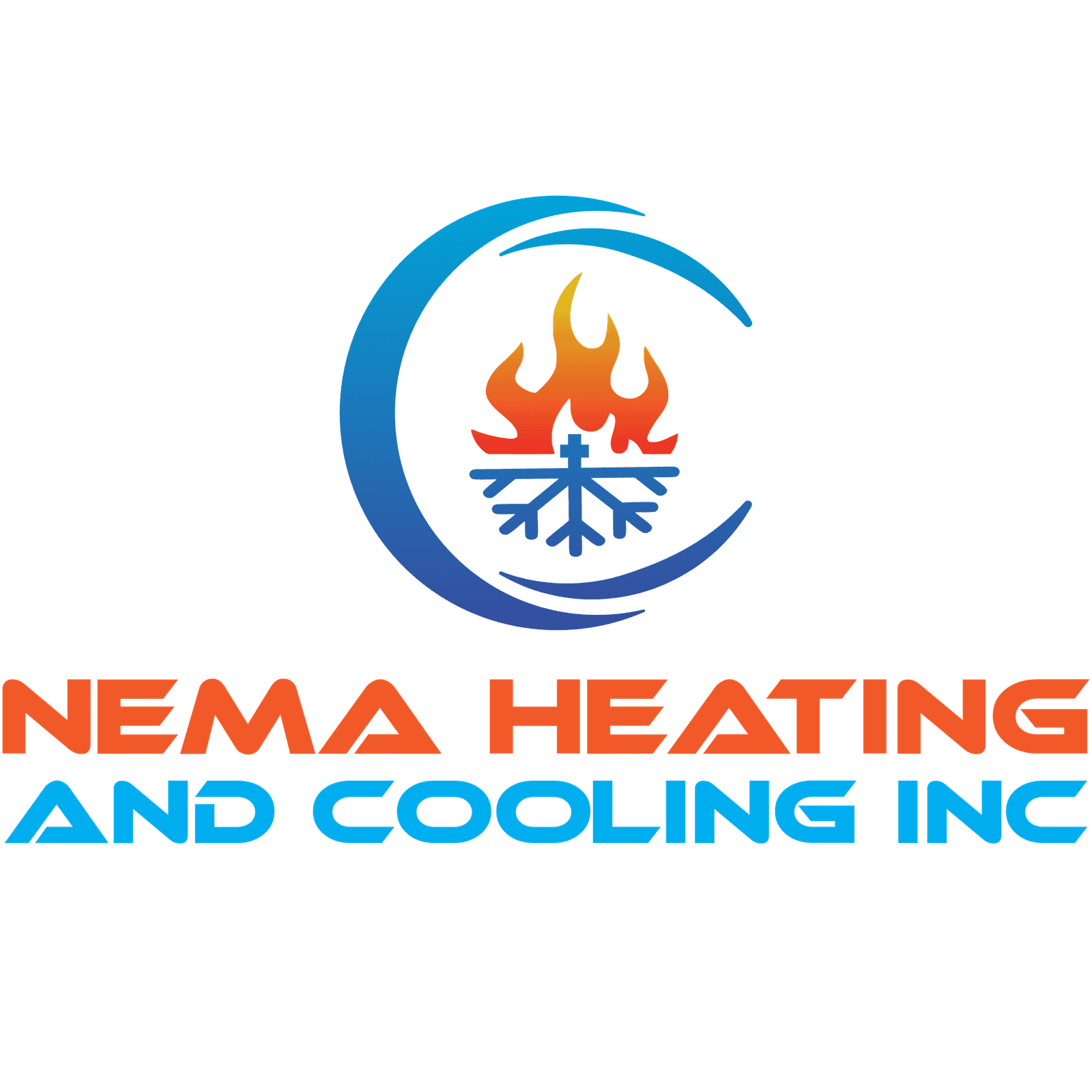 Nema Heating and Cooling Inc logo with flame and snowflake icon.